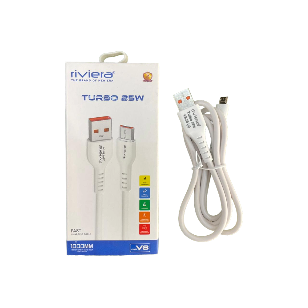 Riviera Turbo 25W Fast Charging Cable (USB-A to Micro USB / V8), 1 Meter, White
