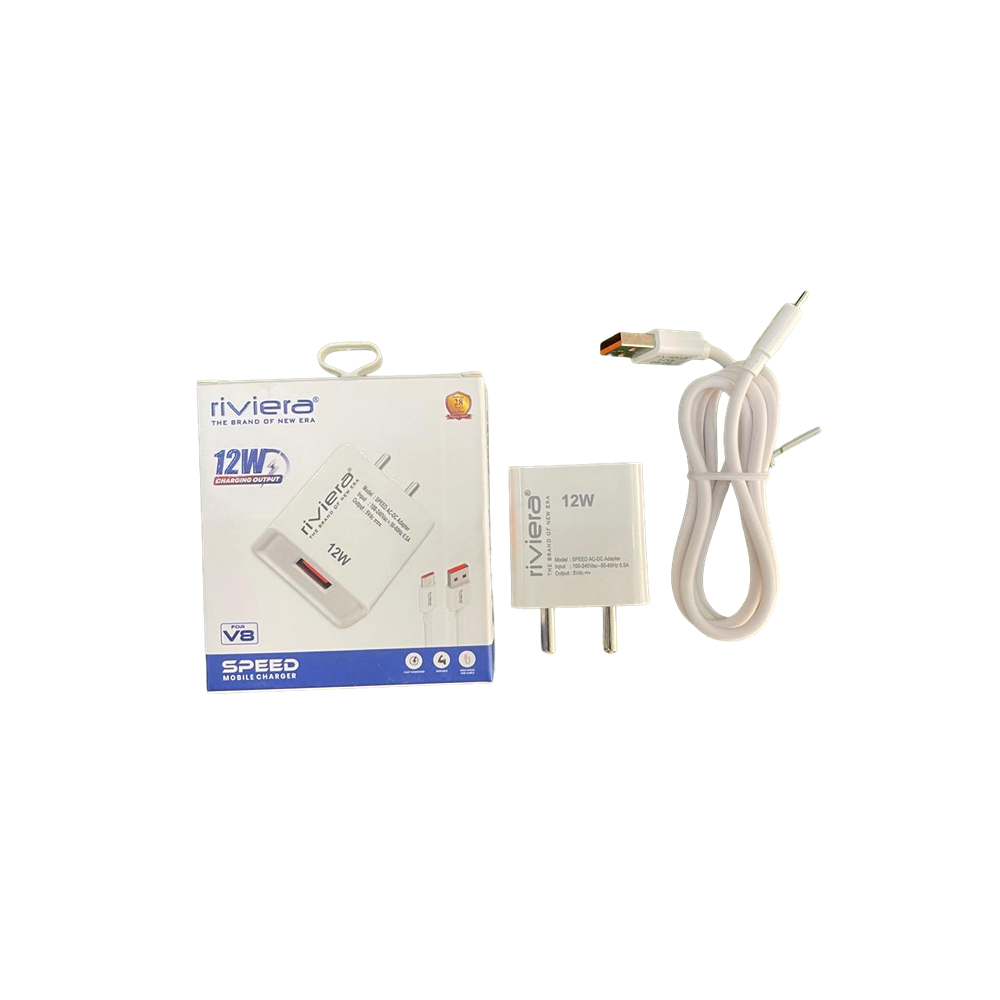 Riviera 12W Fast Charger Adapter with V8 Data Cable (1000mm)