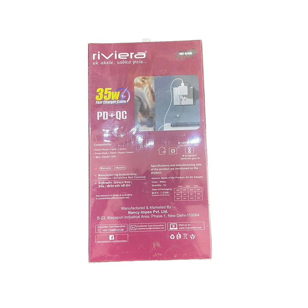 Riviera 35W Fast Charger Adapter with Type-C Data Cable (1000mm)